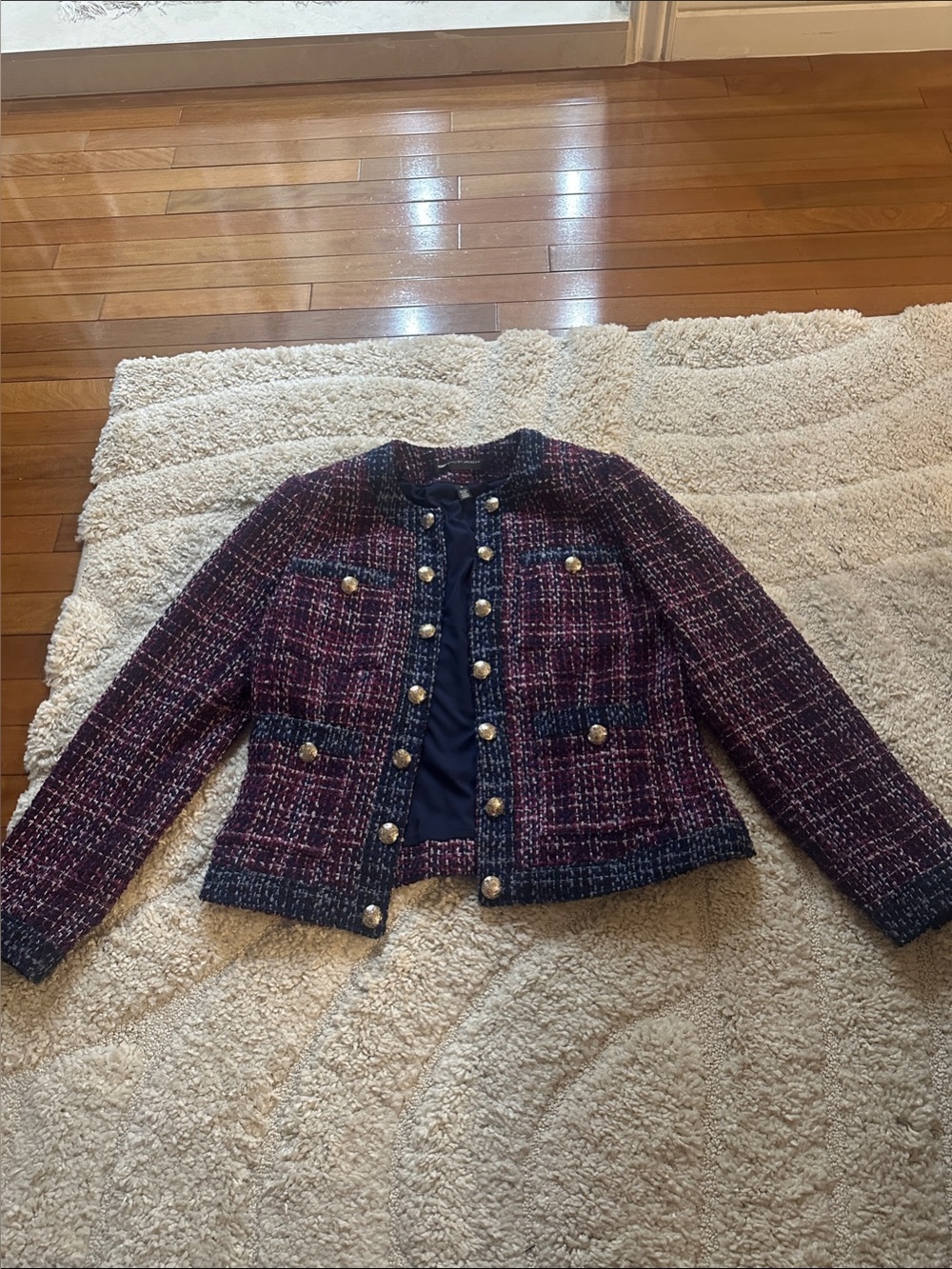 Women's Navy & Burgundy Tweed Pearl-Button Jacket